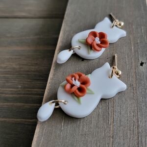 Crimson Floral Clay Cat Earrings- Handmade Earrings- White Cat Earrings- Orange